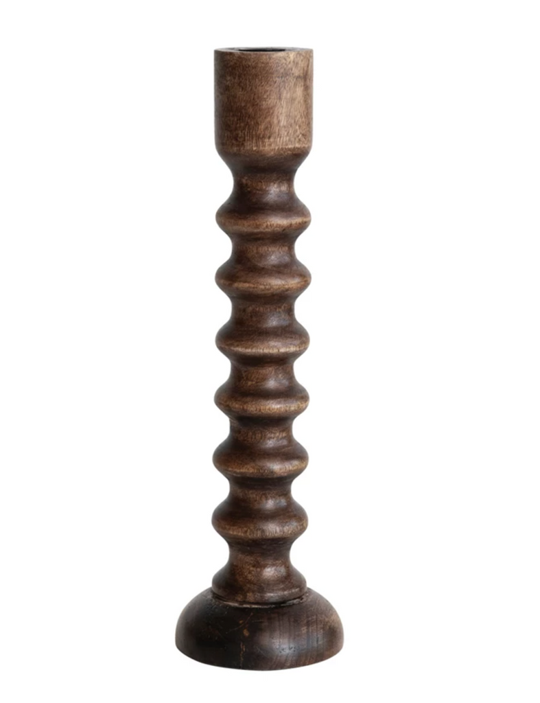 Hand-Carved Mango Wood Taper Holder, Walnut Finish