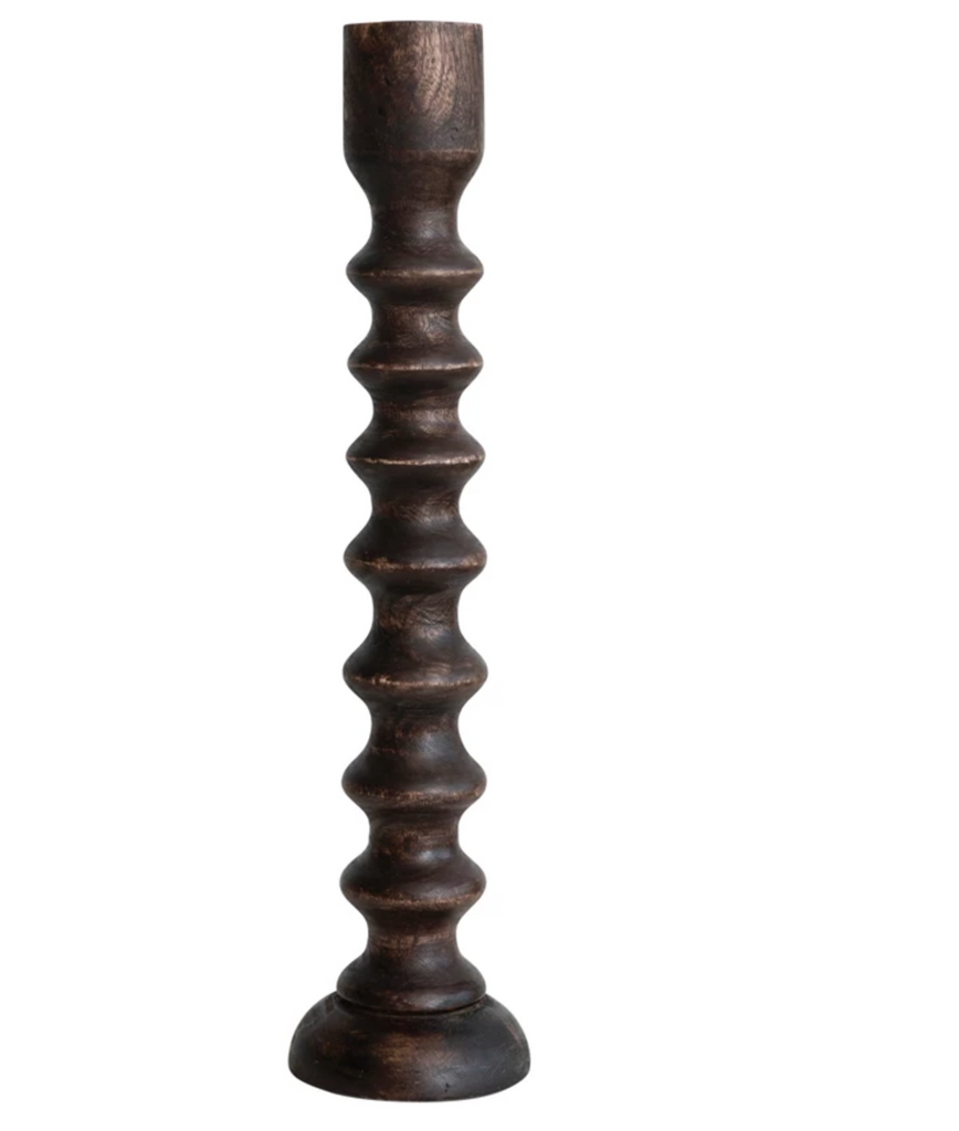 Hand-Carved Mango Wood Taper Holder, Walnut Finish