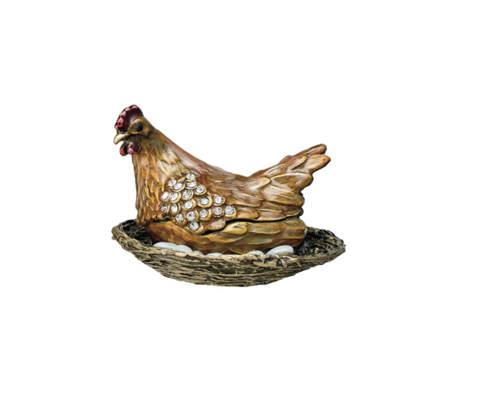 Enameled Metal Hen On Nest Shaped Trinket Box w/ Jewels