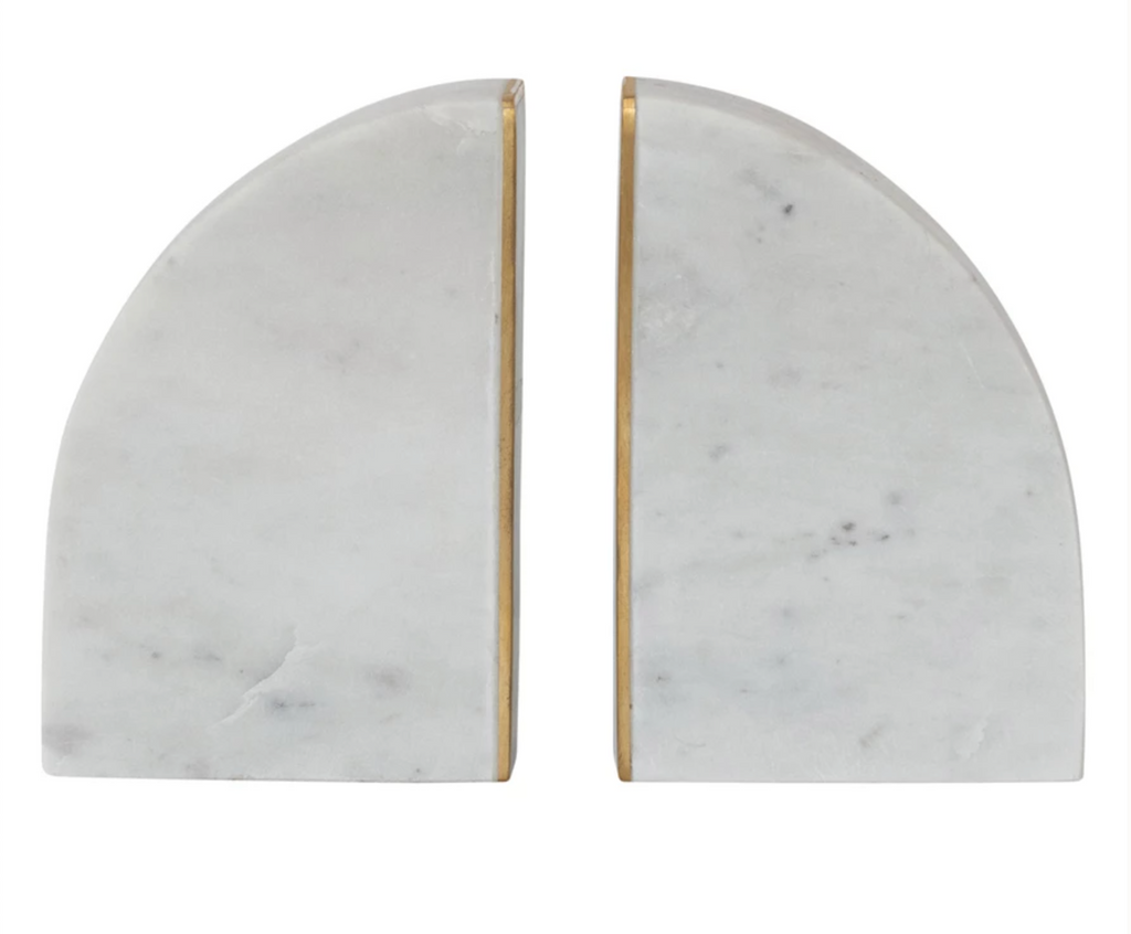 Marble Bookends with Brass Inlay, Gold Finish & White