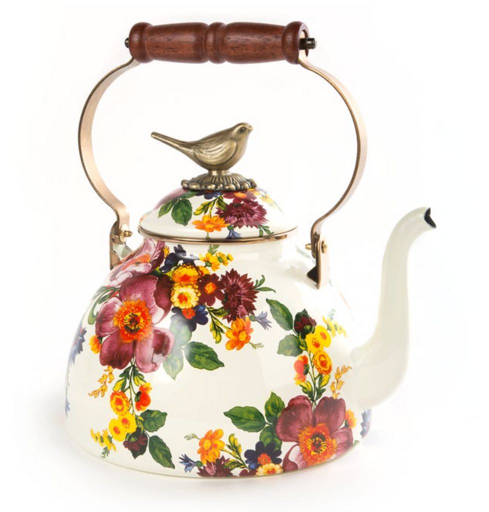 white flower market 3 quart tea kettle with bird