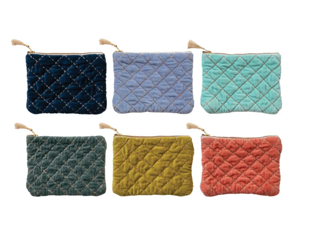 Quilted Cotton Velvet Zip Pouch w/ Metallic Thread Embroidery & Tassel, 6 Colors
