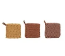 Cotton Crocheted Pot Holder w/ Leather Loop, 3 Colors