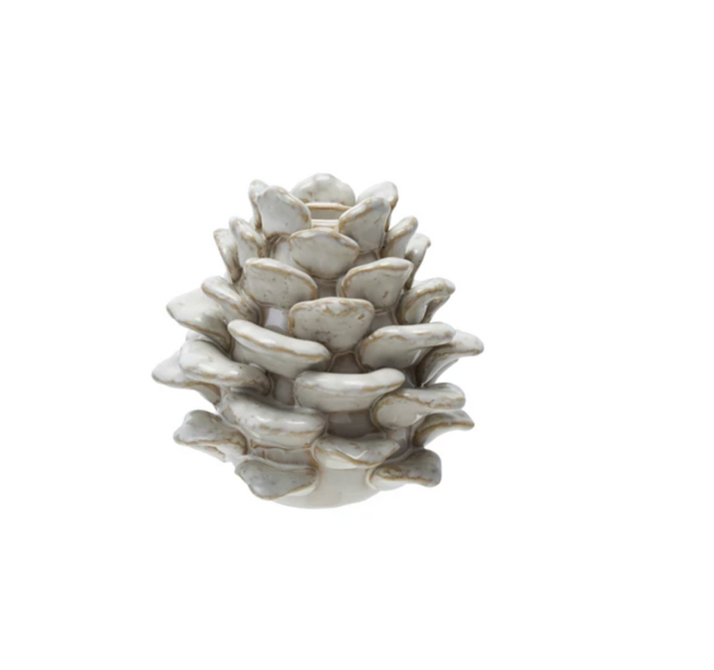 Stoneware Pinecone Shaped Taper Holder, Reactive Glaze, Cream Color