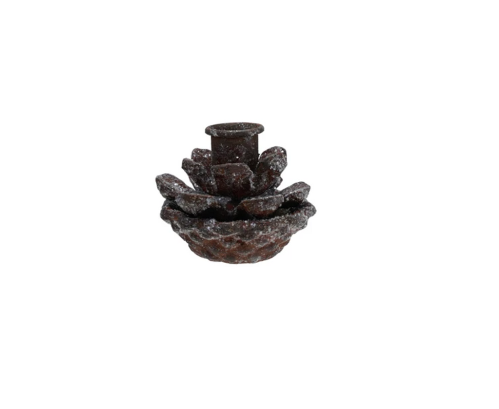 3" Round x 2-1/2"H Metal Pinecone Taper Holder, Ice Finish, Brown