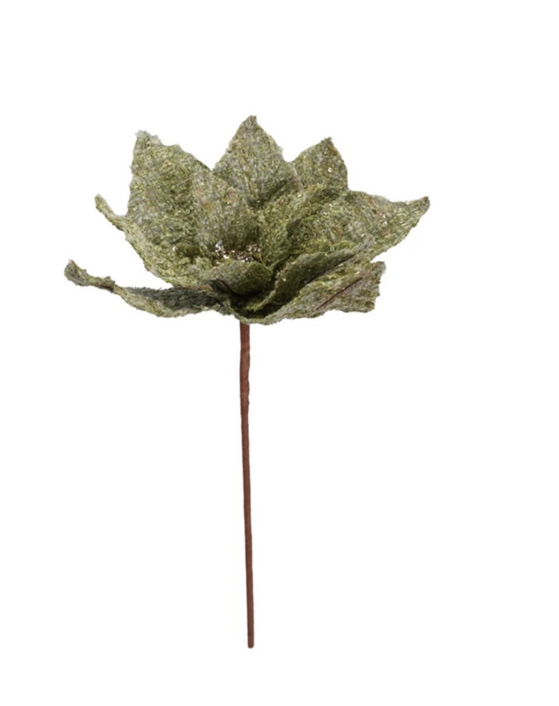 8" Round x 13"H Fabric Tweed Poinsettia Pick with Glitter, Green