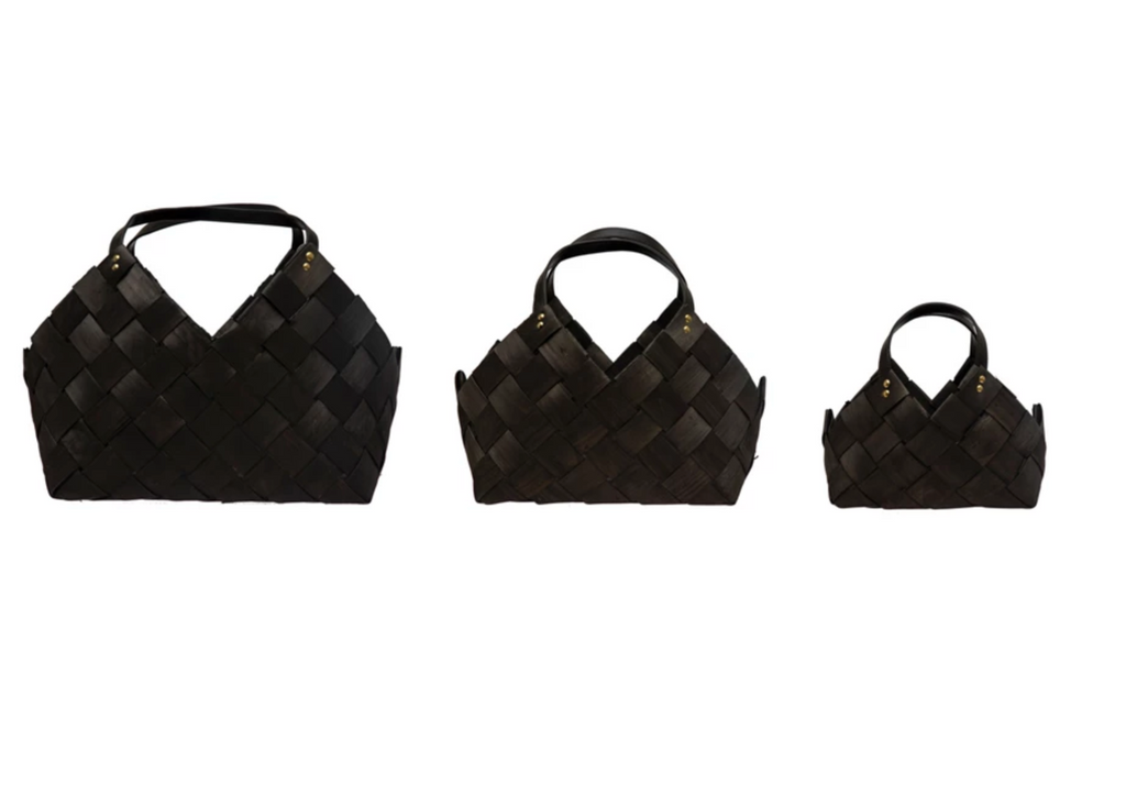 Woven Wood Baskets w/ Handles, Black