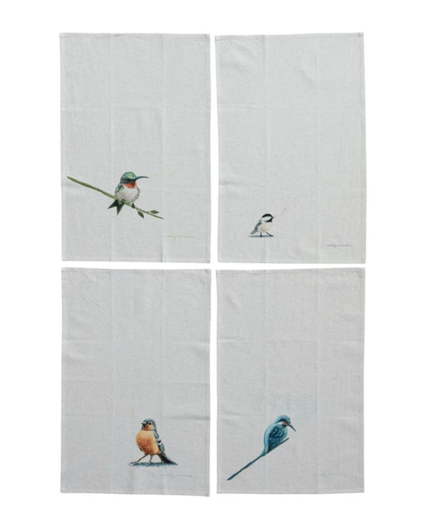 Cotton & Linen Printed Tea Towel w/ Bird, 4 Styles