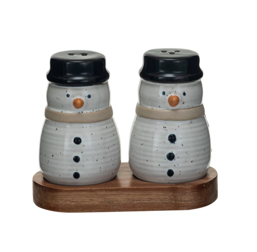 Stoneware Snowmen Shaped Salt & Pepper Shakers w/ Acacia Wood Tray, Set of 3