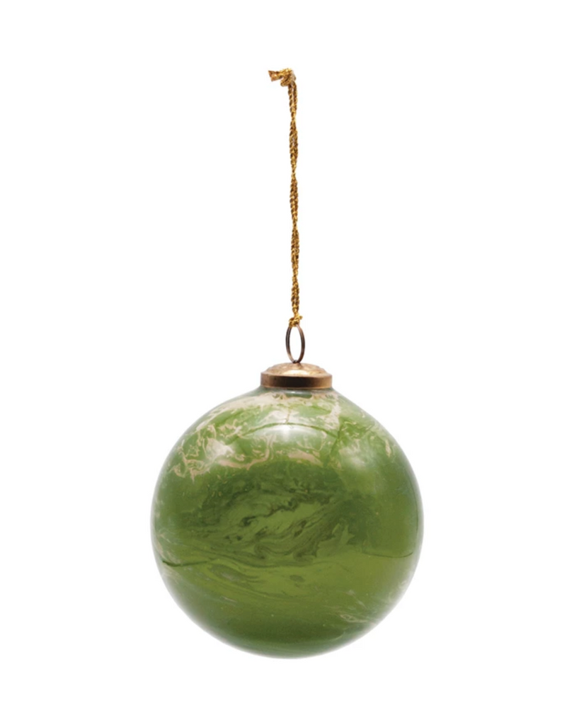 4" Round Glass Ball Ornament, Marbled Green & Gold Finish