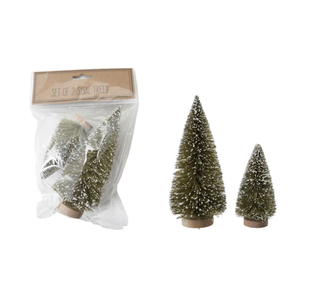 Sisal Bottle Brush Tree with Wood Bases, Snow Finish, Set of 2
