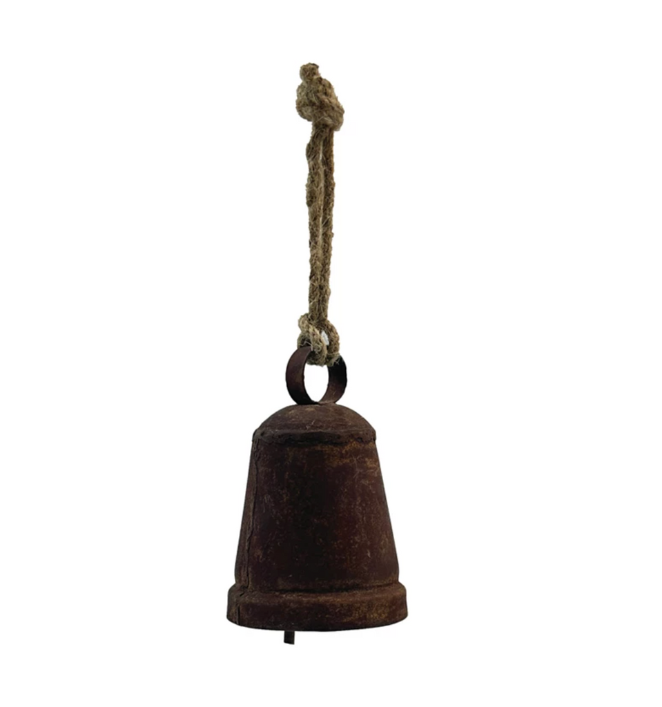 Metal Bell Ornament with Jute Hanger, Distressed Rust Finish