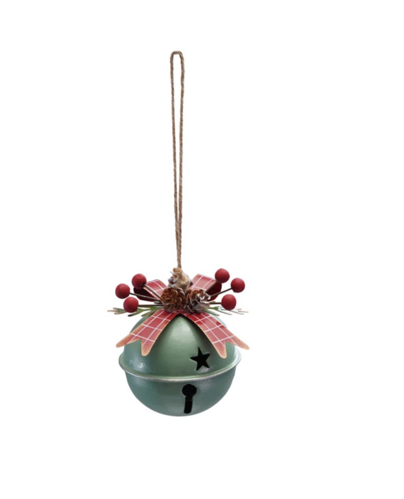 Metal Jingle Bell Ornament with Bow, Star Cut-Outs, Pinecones & Holly