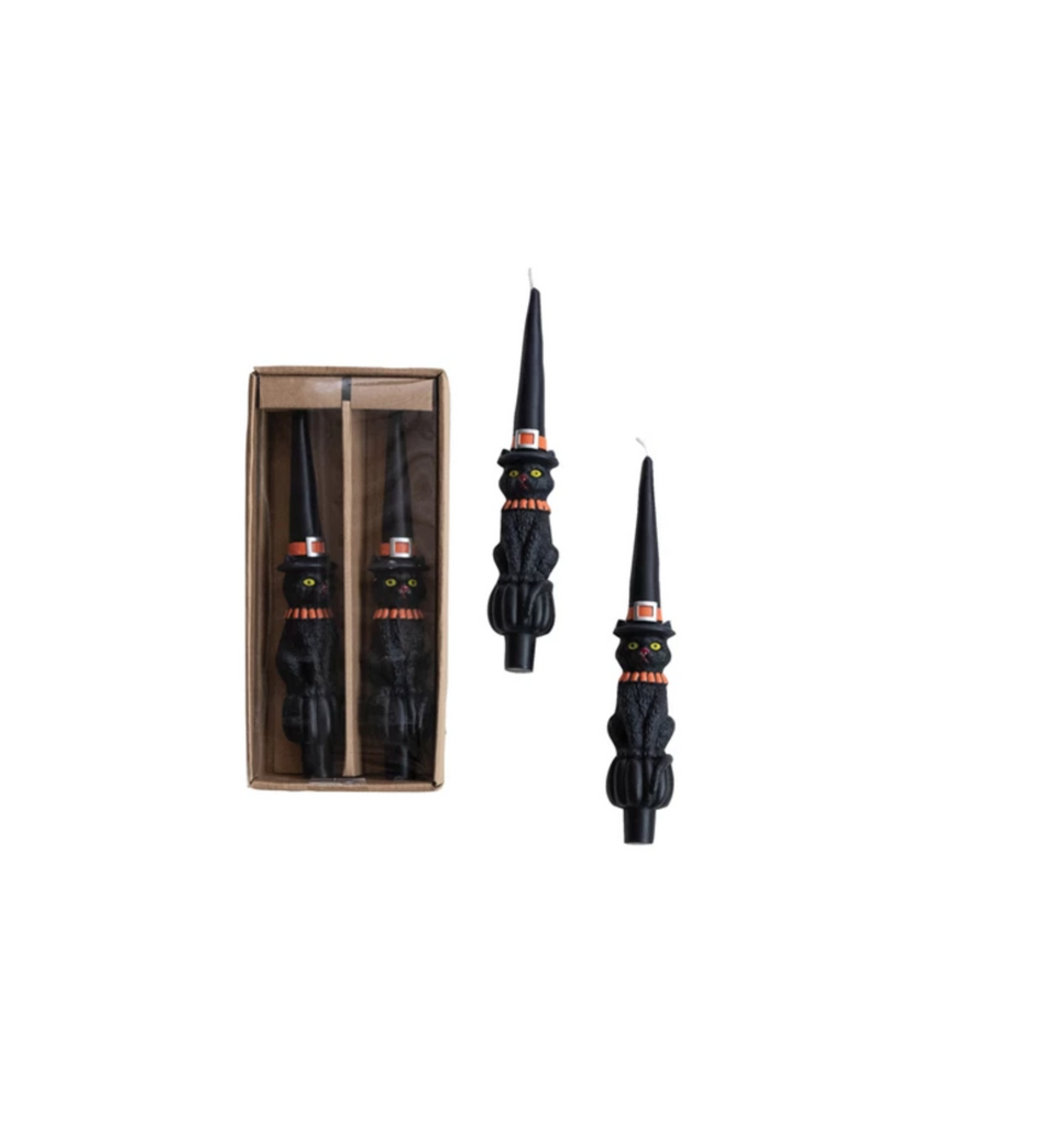 Unscented Cat with Witch Hat Shaped Taper Candles in Box, Set of 2