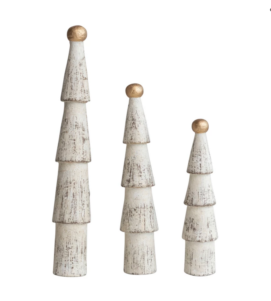 Carved Mango Wood Trees w/ Gold Ball Top, Distressed Cream Color