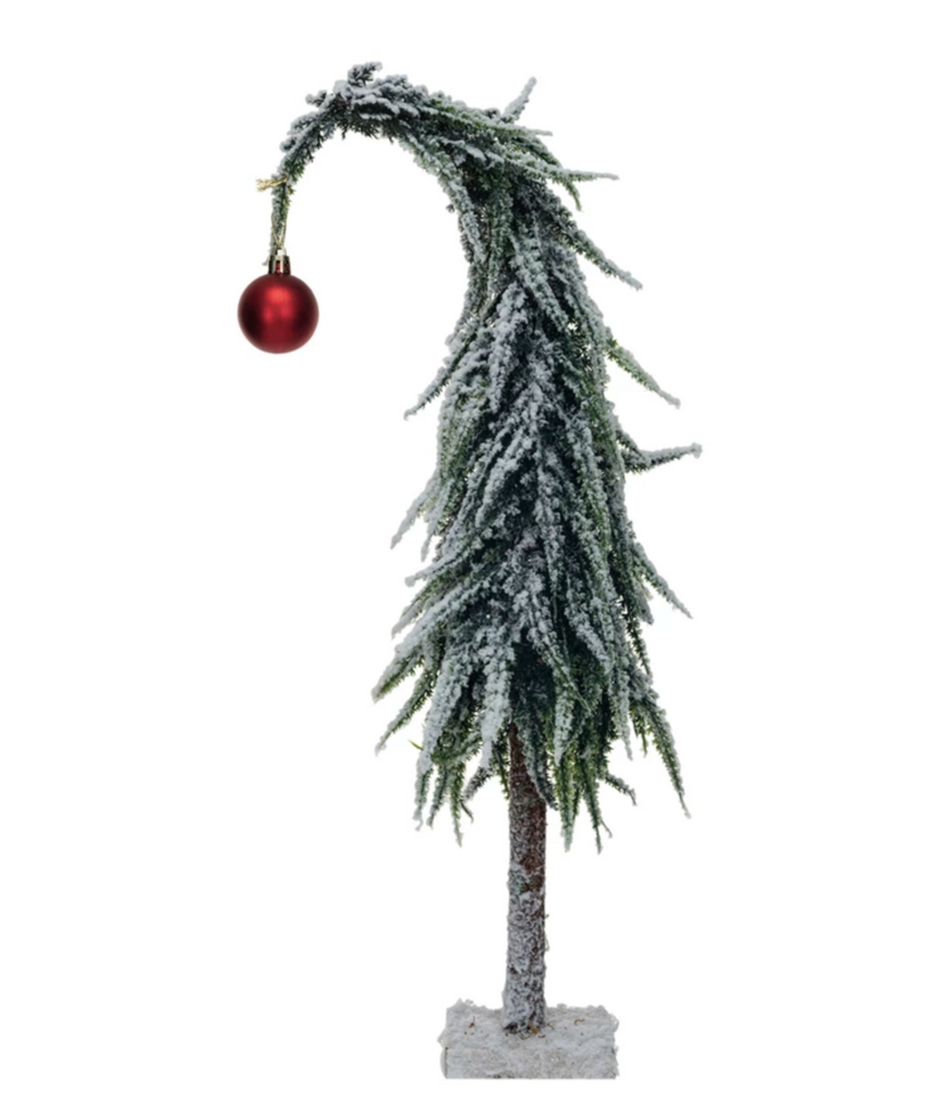 Faux Evergreen Tree w/ Red Ball Ornament & MDF Base, Snow Finish, Green & Red
