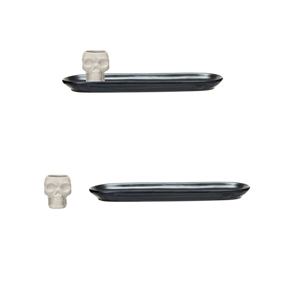 Stoneware Dish w/ Skull Shaped Bowl, Black & White Speckled, Set of 2