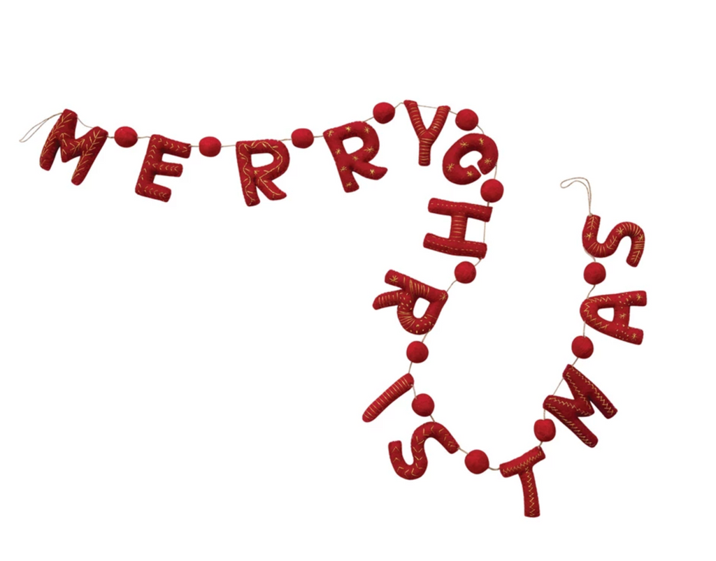 Handmade Wool Felt Garland with Metallic Thread Embroidery & Jute Cord