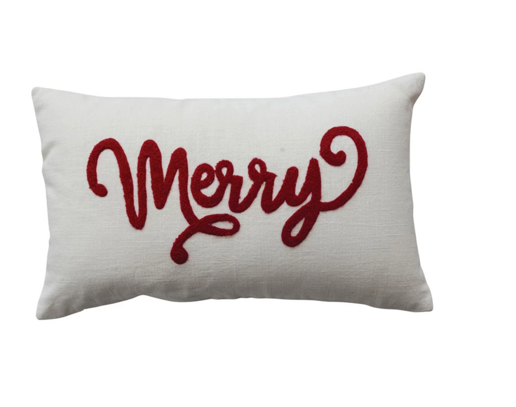 Cotton Slub Lumbar Pillow with Embroidered "Merry", Natural & Red