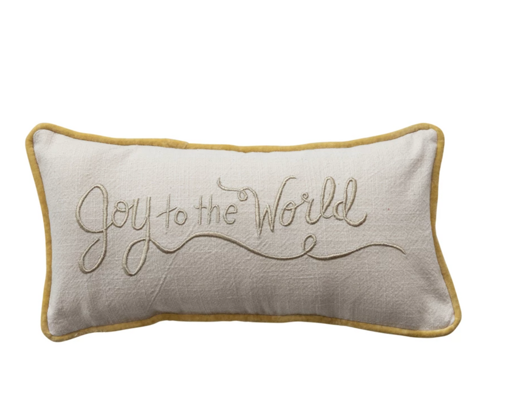 Lumbar Pillow with Embroidery, Piping & Velvet Back "Joy to the World"