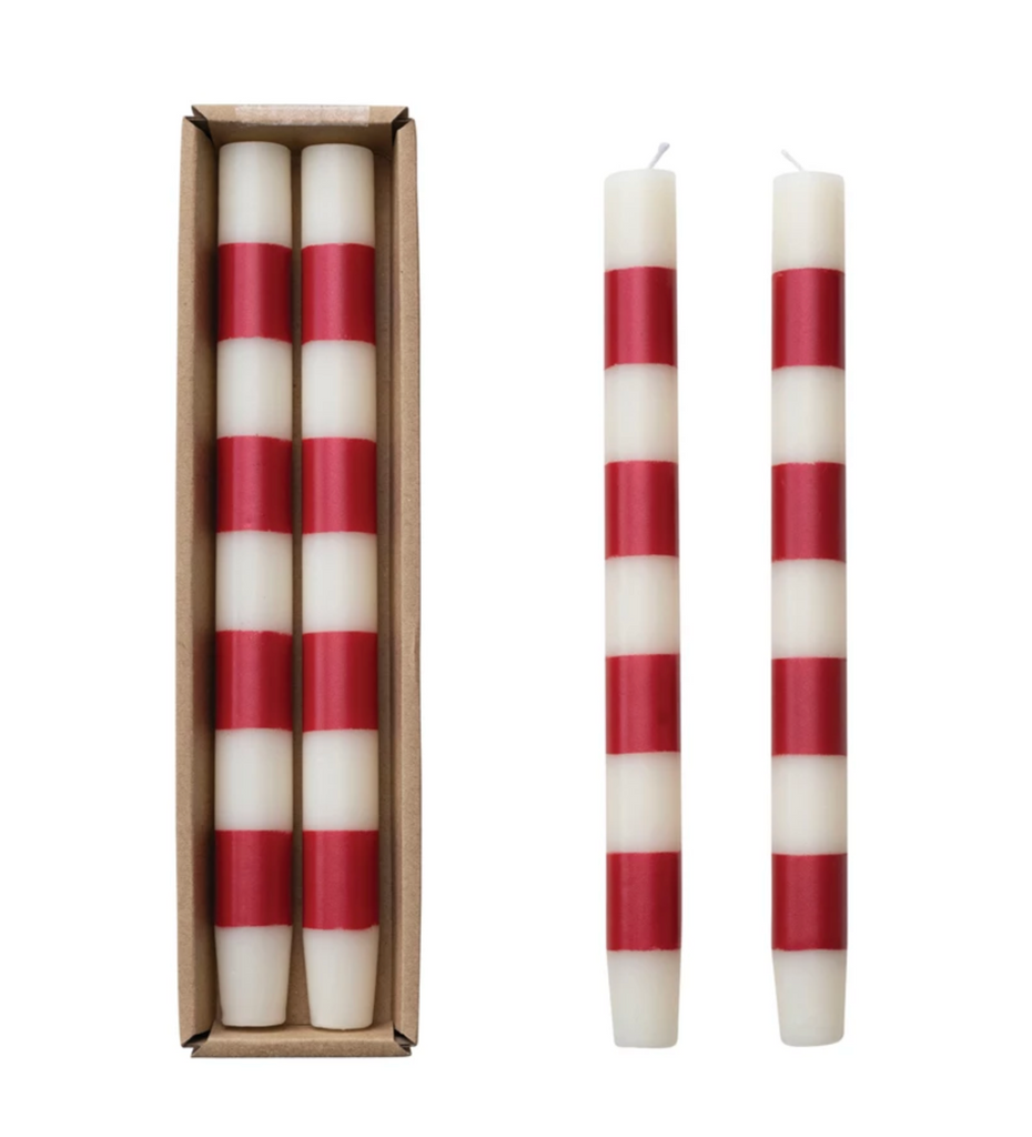 10"H Unscented Taper Candles w/ Stripes in Box, Set of 2 (Approximate Burn Time 15 Hours)