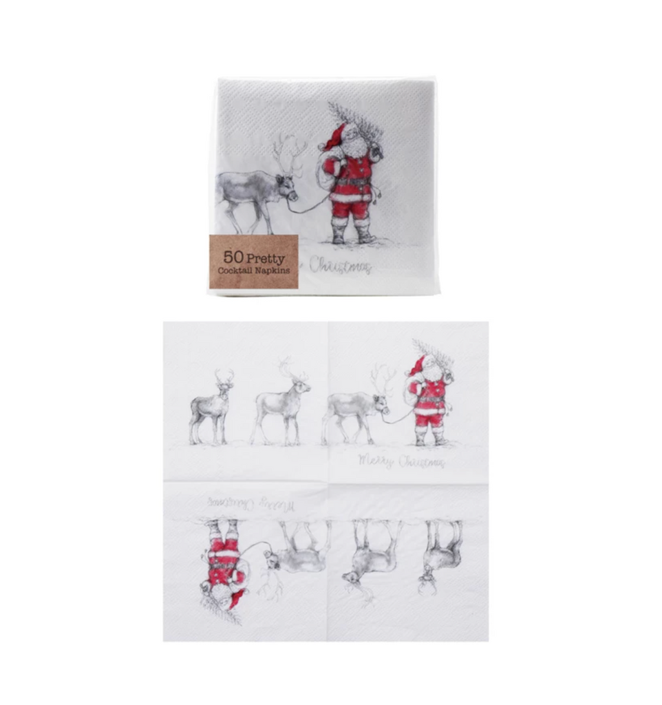 Paper Cocktail Napkins with Santa Leading Reindeer Image (50 Pieces)