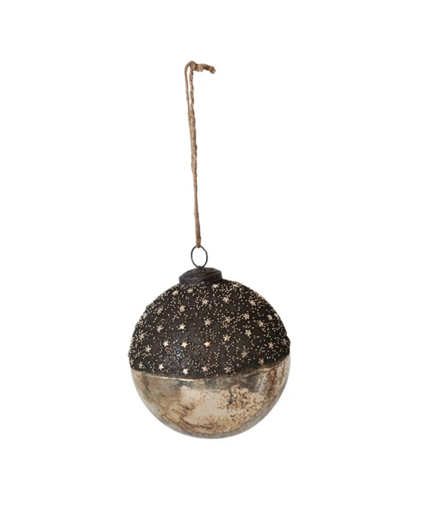 Mercury Glass Ball Ornament w/ Stars, Dipped Bronze & Silver Finish