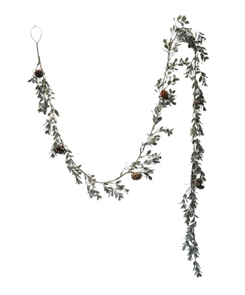 72"L x 4"H Faux Boxwood Garland with Pinecones & White Berries