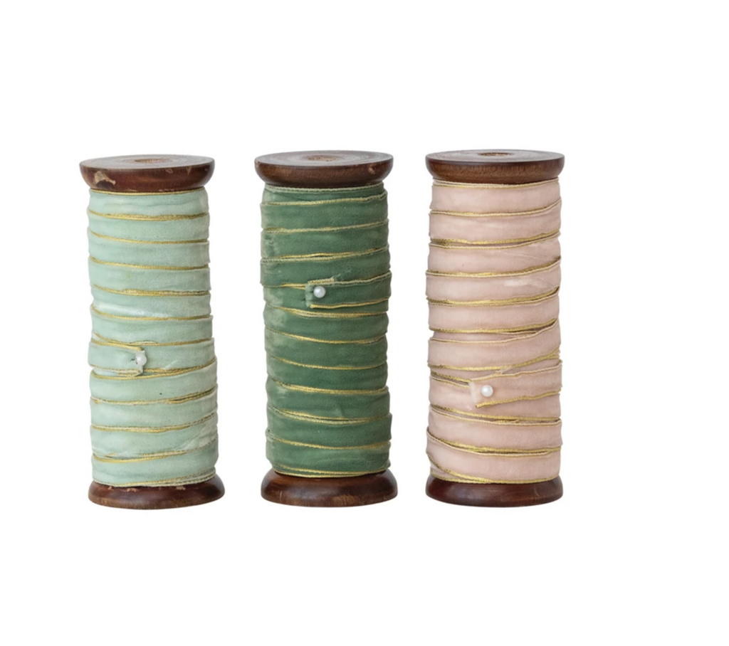 10 Yard Velvet Ribbon with Metallic Edges on Wood Spool, 3 Colors