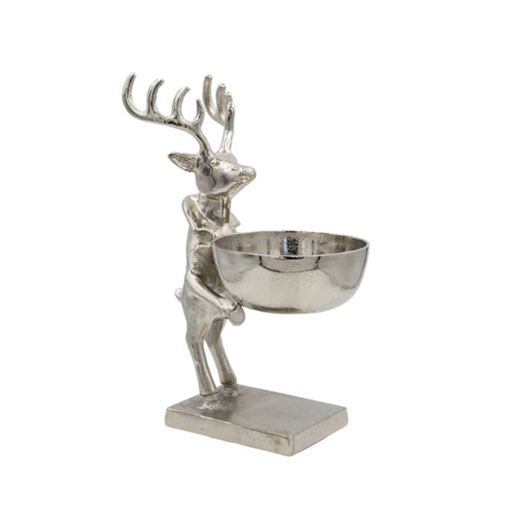 Cast Aluminum Deer Holding Bowl, Nickel Finish