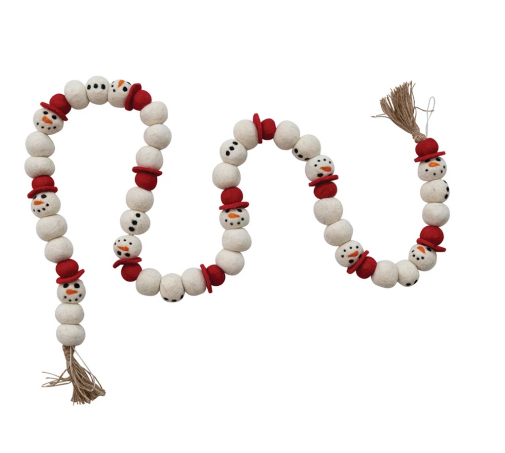 72"L x 1-1/2"H Handmade Wool Felt Snowman Garland with Jute Tassels