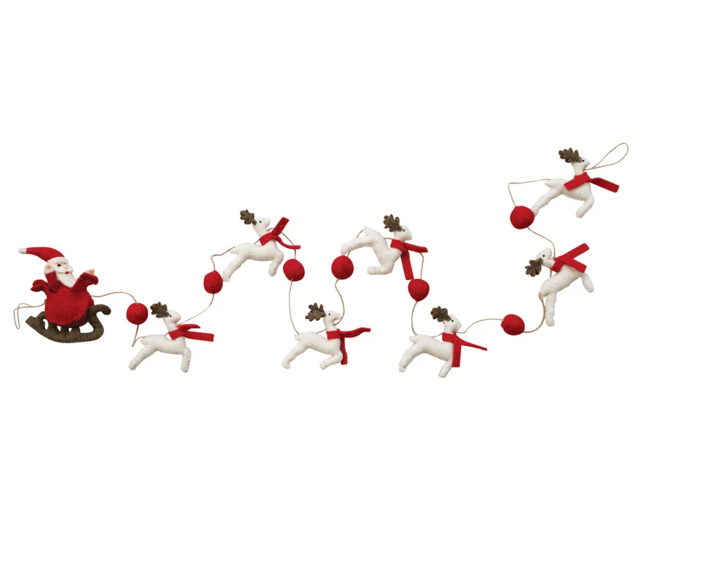 Handmade Wool Felt Santa In Sleigh & Reindeer Garland with Jute Cord