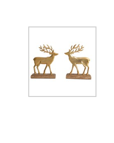 Cast Aluminum Deer on Mango Wood Bases, Gold Finish & Natural