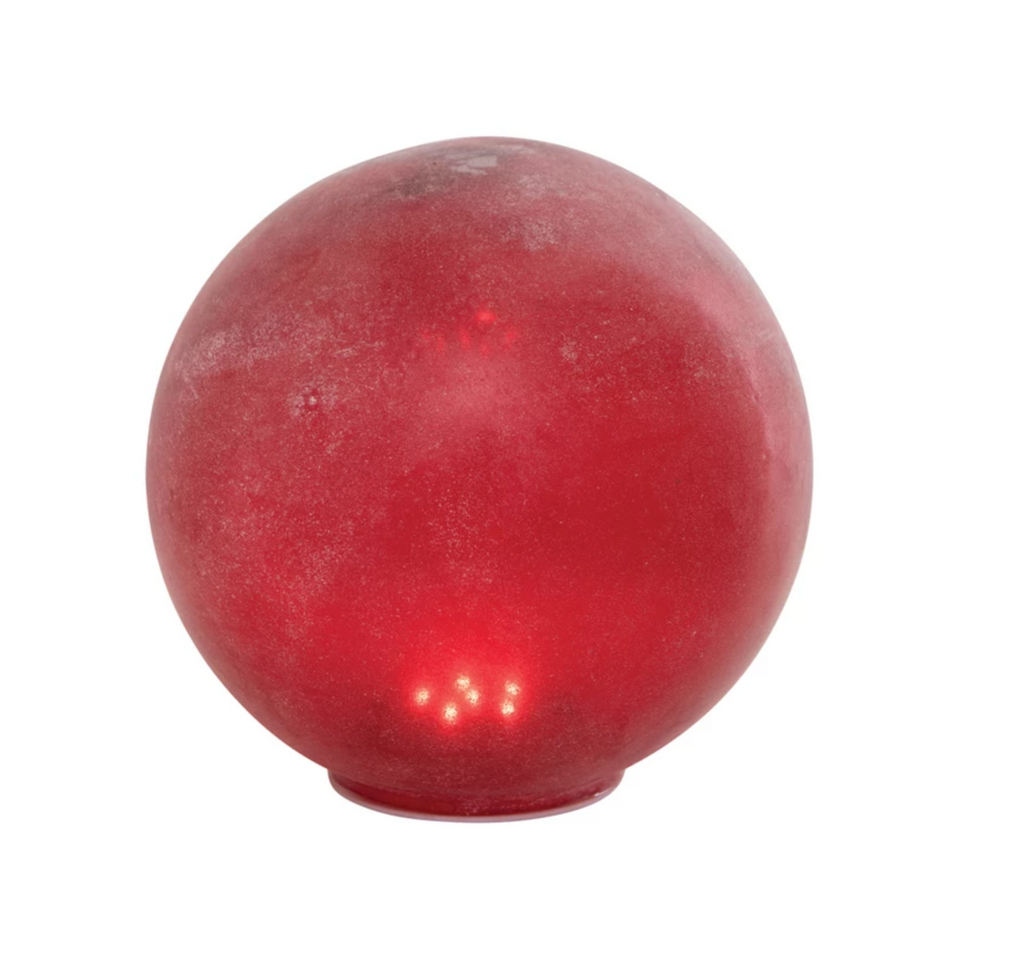 8" Round Frosted Glass Globe with LED Light, Red (Requires 3-AA Batteries)