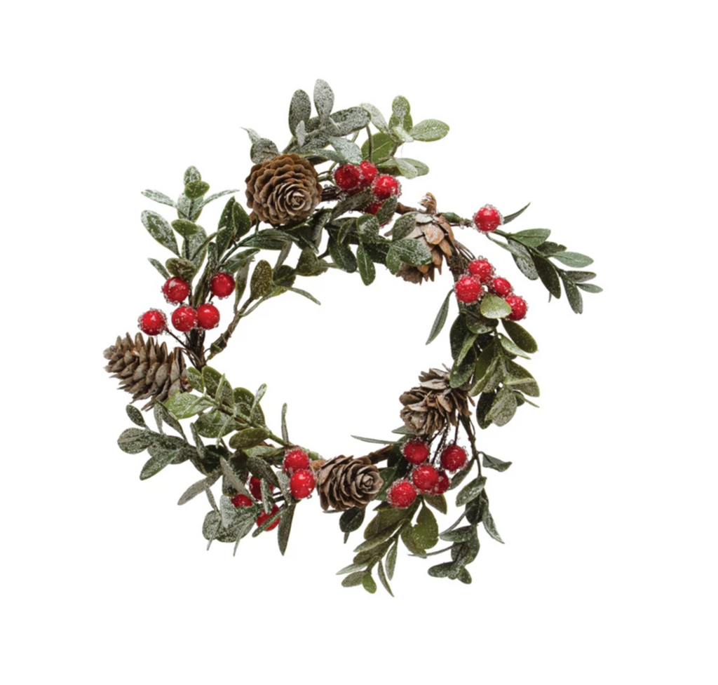 4" Round Faux Boxwood Wreath w/ Natural Pinecones & Red Berries, Snow Finish