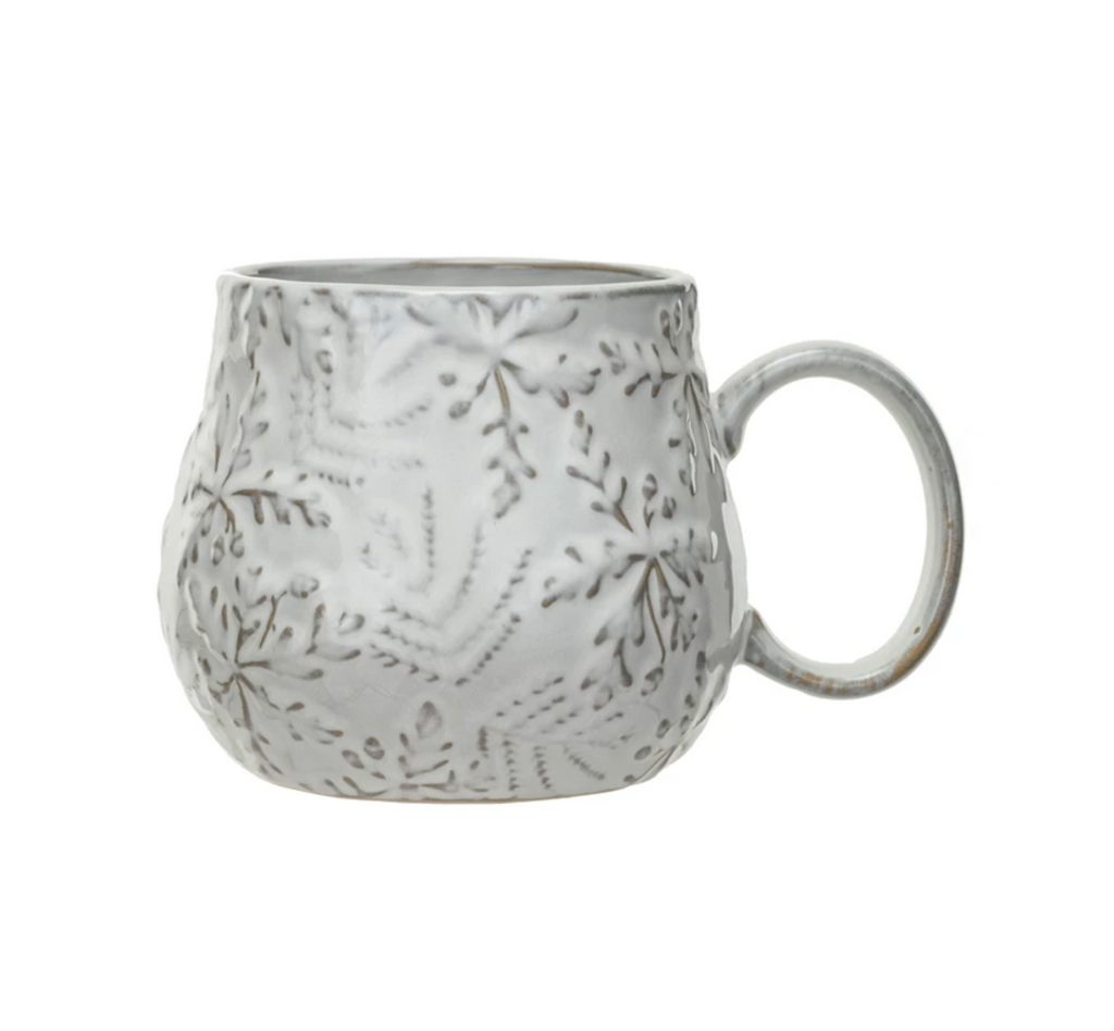 16 oz. Embossed Stoneware Mug w/ Snowflakes, Reactive Glaze (Each One Will Vary)