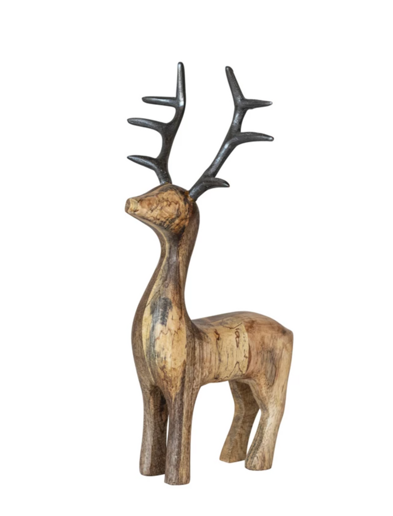 Mango Wood Standing Reindeer w/ Aluminum Antlers, Natural & Black
