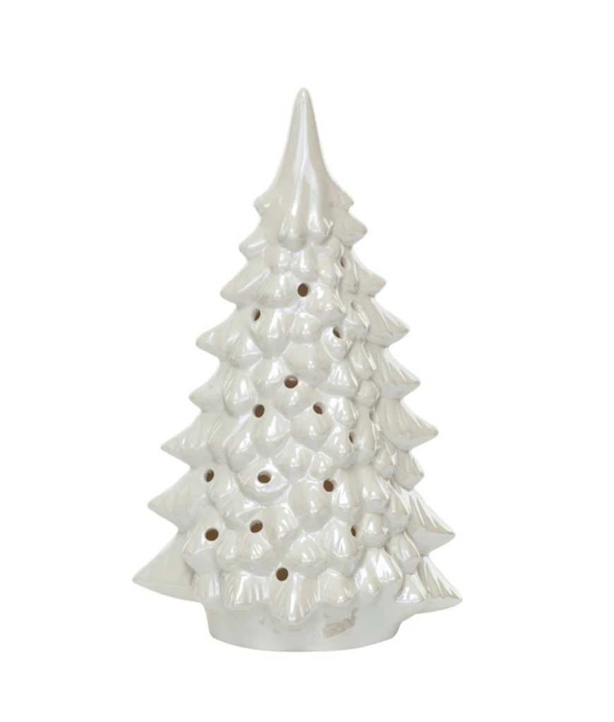 Stoneware LED Tree w/ Cut-Outs, Iridescent Finish, Cream Color