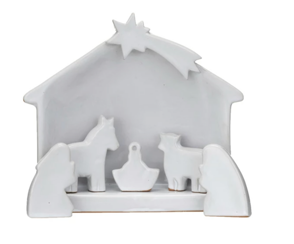 Stoneware Nativity, Reactive Glaze, White, Set of 6 (Each One Will Vary)