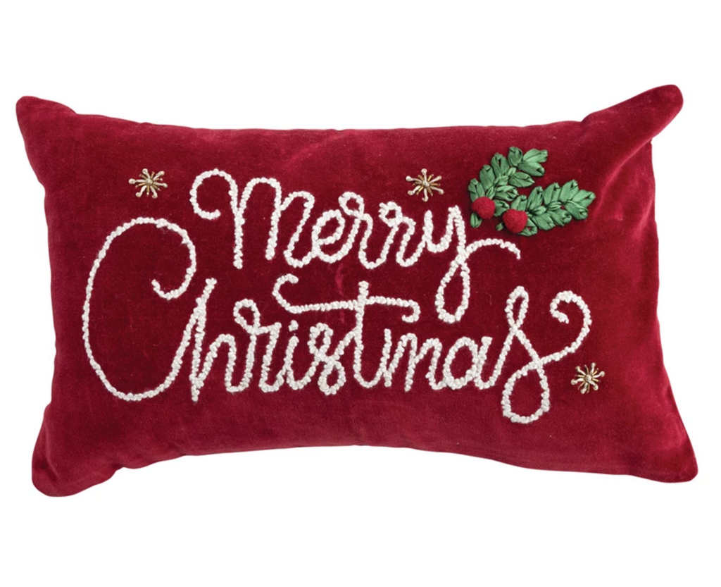 Cotton Velvet Lumbar Pillow with Embroidery & Applique "Merry Christmas"