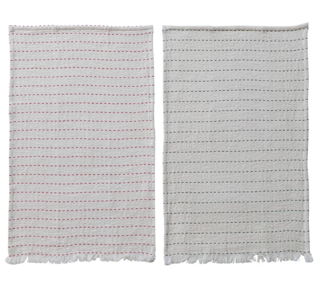 Tea Towel with Hand-Embroidered Kantha Stitch & Frayed Edges, 2 Colors