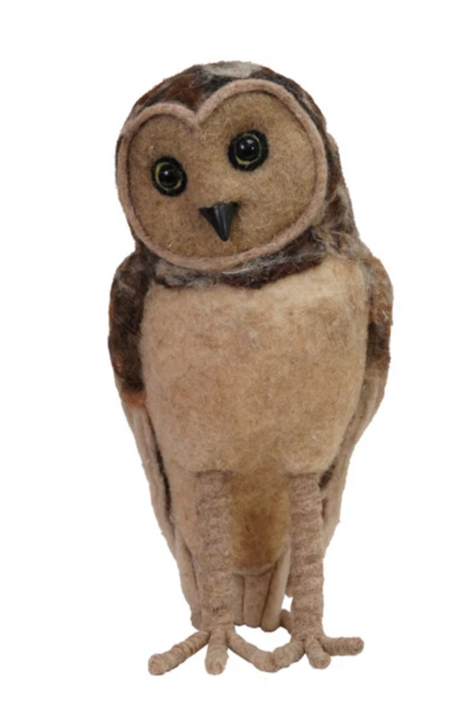 5-3/4"L x 6-1/4"W x 10-1/2"H Handmade Wool Felt Barn Owl, Brown