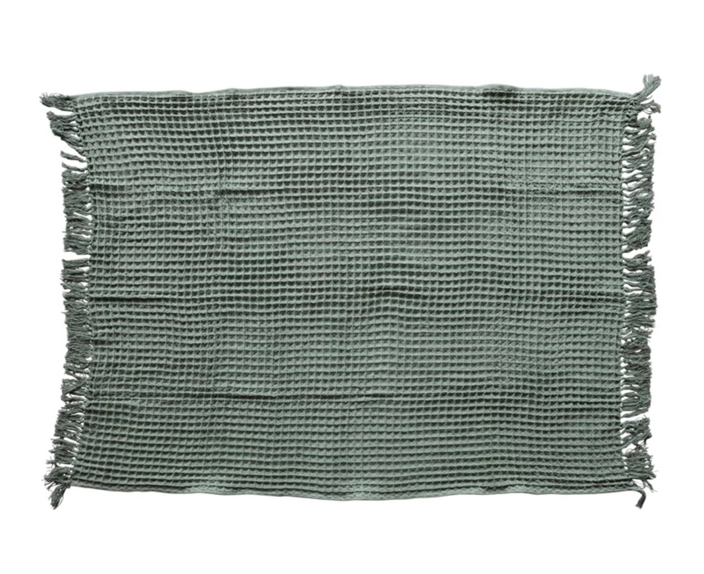 Waffle Weave Throw with Fringe, Green, Tied with Kraft Paper & Tape