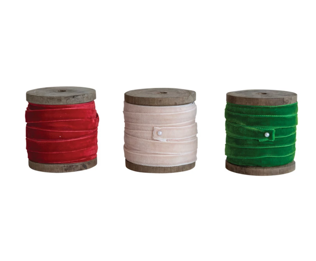 10 Yard Velvet Ribbon on Wood Spool, 3 Colors
