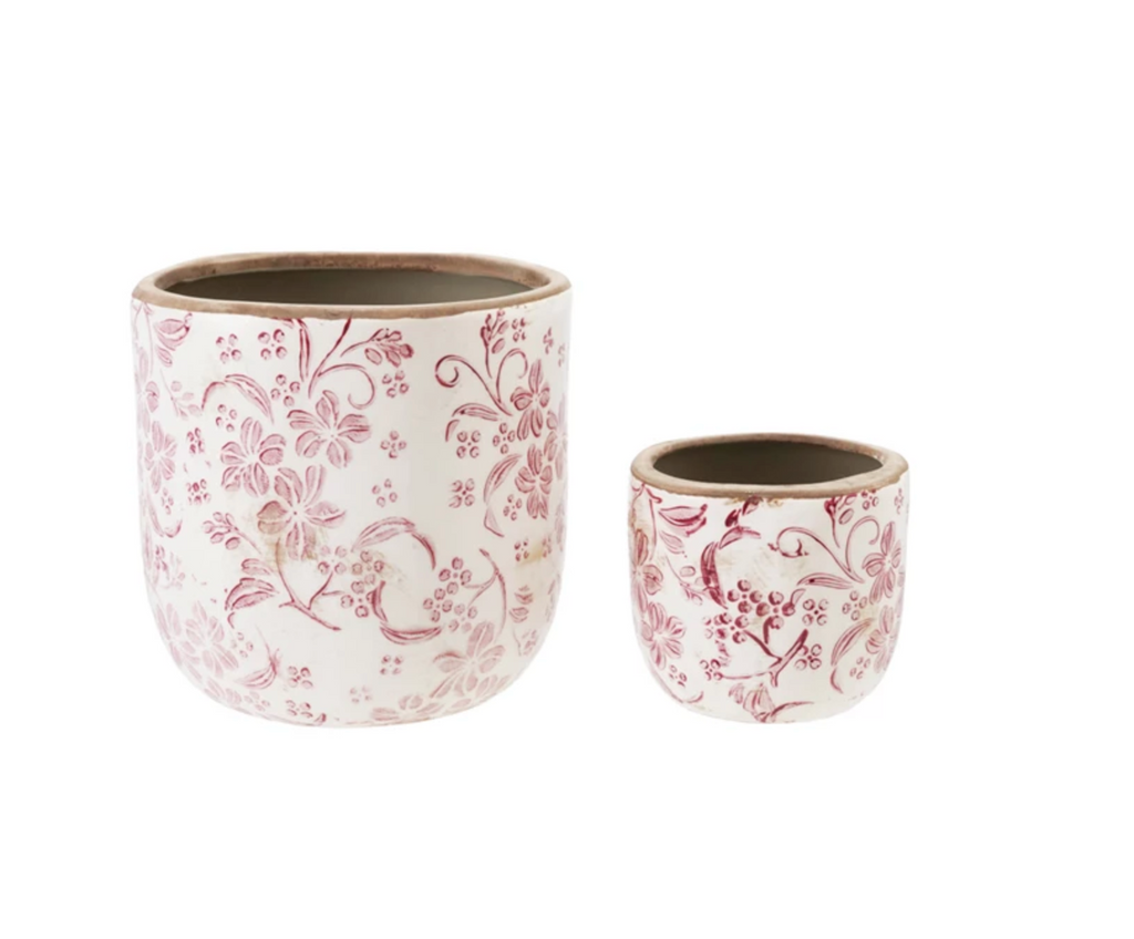Stoneware Planters with Floral Pattern