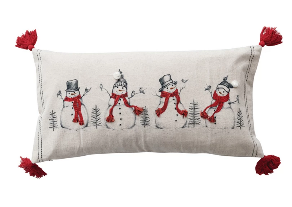 Lumbar Pillow with Embroidered Snowmen & Birds Image