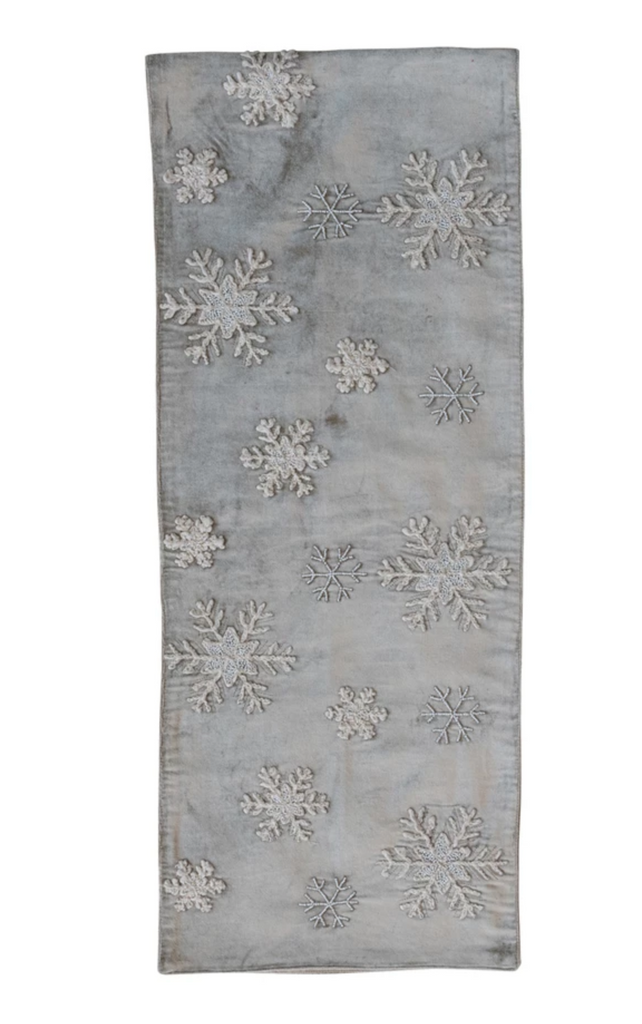Cotton Blend Velvet Table Runner with Embroidered Snowflakes & Beads