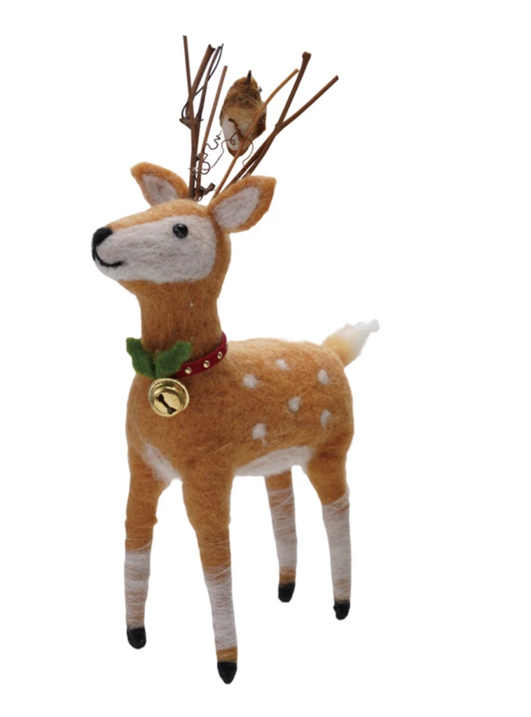 Handmade Fabric & Wool Felt Deer with Bird & Jingle Bell Collar