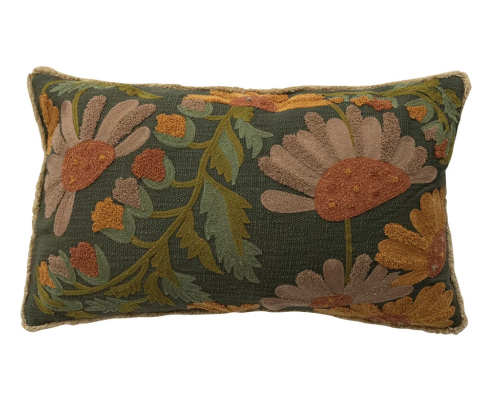 Cotton Slub Embroidered Pillow with Flowers, Fringe & Chambray Back