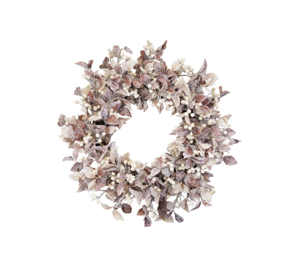 28" Round Faux Wreath with Berries, Snow Finish